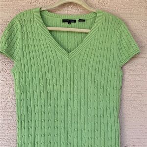 Jeanne Pierre Cable Knit Short Sleeve Sweater Top Size M Green V Neck Cotton